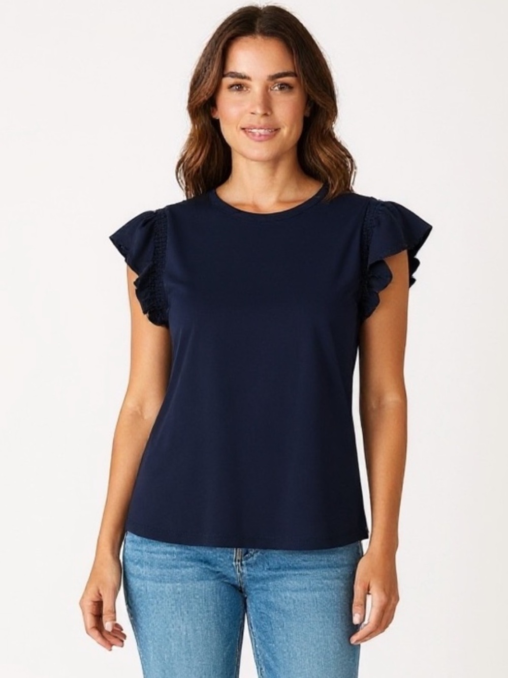 LOFT Navy Ruffle Sleeve Crewneck Tee